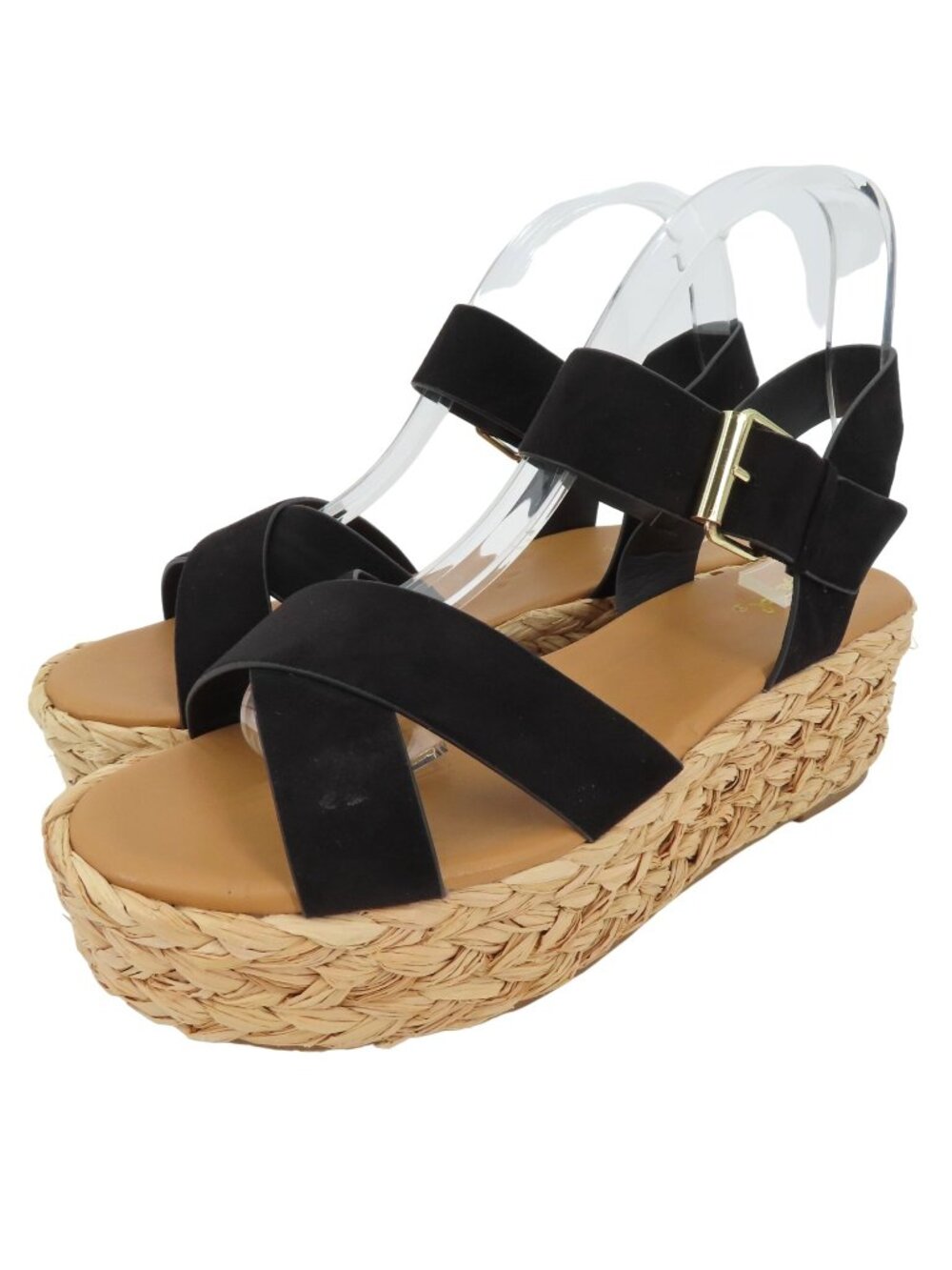 Qupid Women 9 Black Synthetic Strappy Woven Raffia Platform Wedge Sandals Shoes